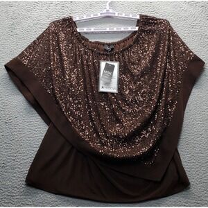MSK Sequined Cape Overlay Top Womens 2X Brown Stretch Off-The-Shoulder Pullover